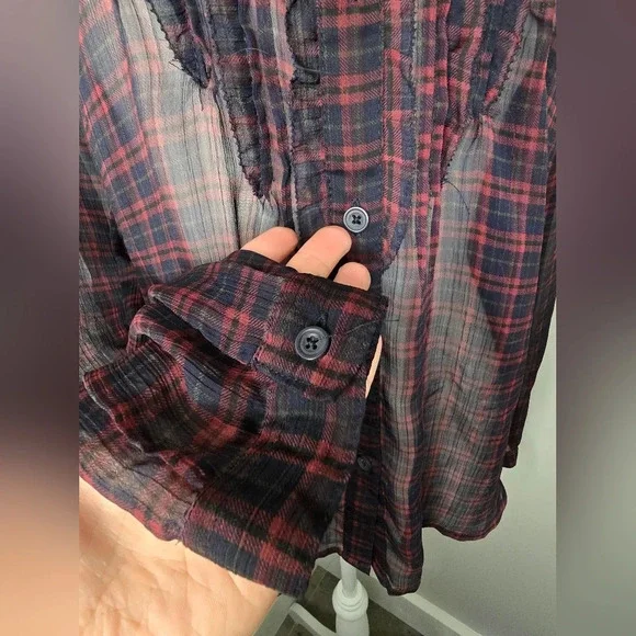 American Eagle Sheer Long Sleeve Ruffle Plaid Blouse - Picture 5 of 8